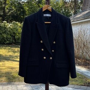 Zara Black Double-Breasted Bouclé Blazer with Gold Buttons